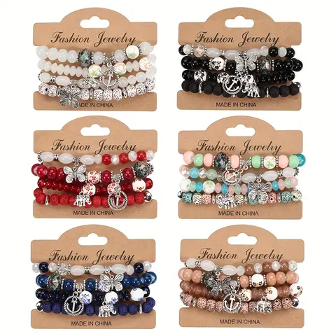 Women's Boho Style Charm Bracelets - 24-Piece Stretch Adjustable Bangle Stacks with Elephant, Butterfly Animal Pendants, Mixed Beads, Jewelry for Women with Mix & Match Fun for Daily Wear