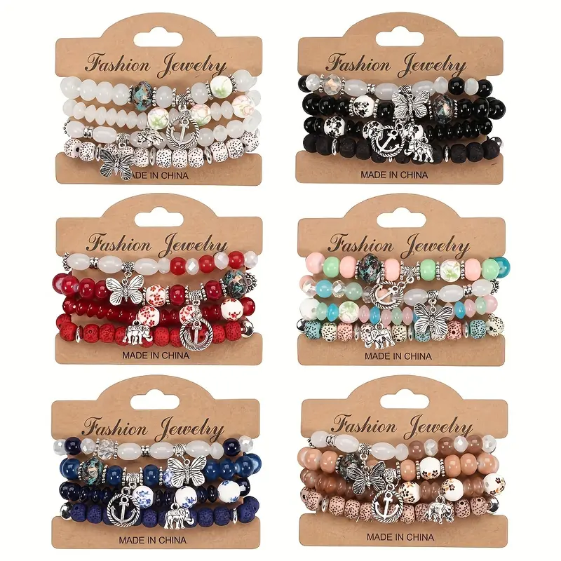 Women's Boho Style Bracelets - 24-Piece Stretch Adjustable Bangle Stacks with Artificial Butterfly, Elephant Pendants, Mixed Beads, Costume Jewelry for Daily Wear Mix & Match Fun