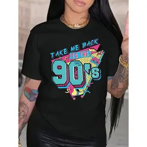 [Retro Graphic Tee] Women's Plus Size 90s Retro Graphic T-Shirt - "Take Me Back to the 90's" Vintage Slogan & Geometric Print, Stretchy Short Sleeve Round Neck Casual Top, Machine Washable Summer Tee, Vacation Clothing, Playful Design, Nontransparent Mate