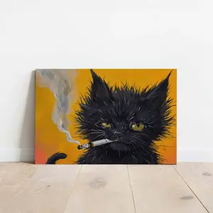 Funny Smoking Black Cat Canvas   | Frazzled Feline Humor Poster | Unframed Relatable Dorm Room Decor | Vibrant Funny Pet   wall Art