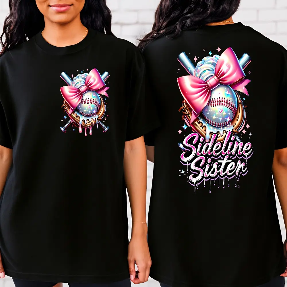 Bling Baseball Dripping Pink Coquette Bow Shirt |   Sideline Sister Shirt | Ball Drip Sports Shirt | Little Sister Shirt, Double-sided Printing, Unisex Shirts, 100% cotton Tees, Teens & Adults Sizes