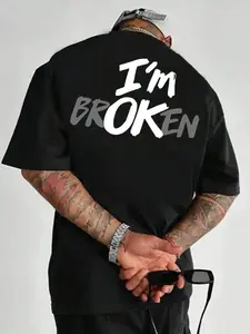 I'm OK Hidden Message Graphic T-Shirt, Two-Tone Brushstroke Text Print Tee, Oversized Crew Neck Shirt, Emo Casual Short Sleeve Top, Trendy Emotional Aesthetic Cotton Tee for Emo Fans, Streetwear Lovers and Mental Health Awareness Enthusiasts