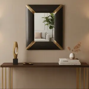 Transitional Solid Wood Vanity Mirror With Brass Foil Accent Corners