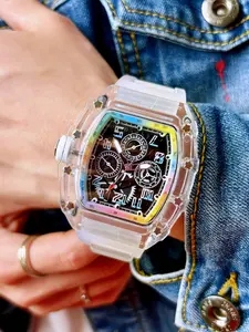 Street Trendy Cool Transparent Barrel Wrist Accessory Transparent Barrel Watch Case Rainbow Gradient Bezel Hollow Mechanical Gear Texture Semi-Transparent Silicone Strap Unisex Trendy Eye-Catching Accessory Capitalize