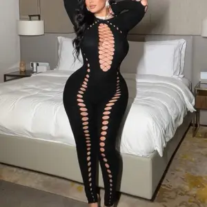 Lexi Full Bodysuit - Black Lace-Up Cutout Catsuit with Crisscross Details