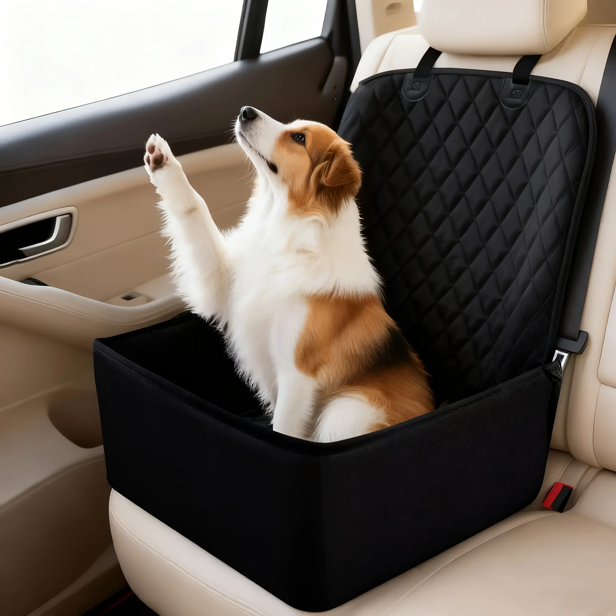 Dog Car Seat & Pet Travel Carrier - Waterproof Backseat Pet Mat, Seat Protector Mat, Adjustable Straps, Foldable, Portable, All-Season, Durable Fabric, Essential for Medium & Small Dogs’ Safe Long Journeys
