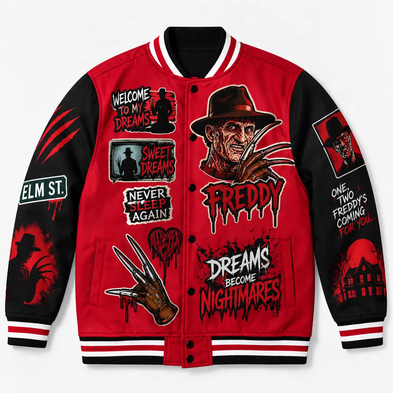 Freddy Krueger Varsity DIEUAI Jacket All-Over Printed Graphic Nightmare Slasher Apparel