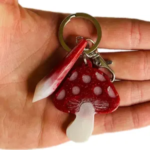 Glittery Red Mushroom Keychain with Crystal Charm - Handmade Resin Accessory