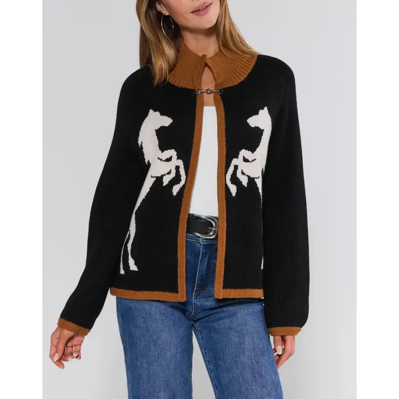 Women's Vintage Style Horse Print Cardigan, a Stylish Open Front Knitwear Piece in Soft Fabric with a High Neck, Everyday, Comfortable, Fashion, Longsleeves, Tops, Casual, Sweaters, Long Sleeve, Fit, Contrast Trim, Relaxed Cut, Long Sleeves, Animal Print,