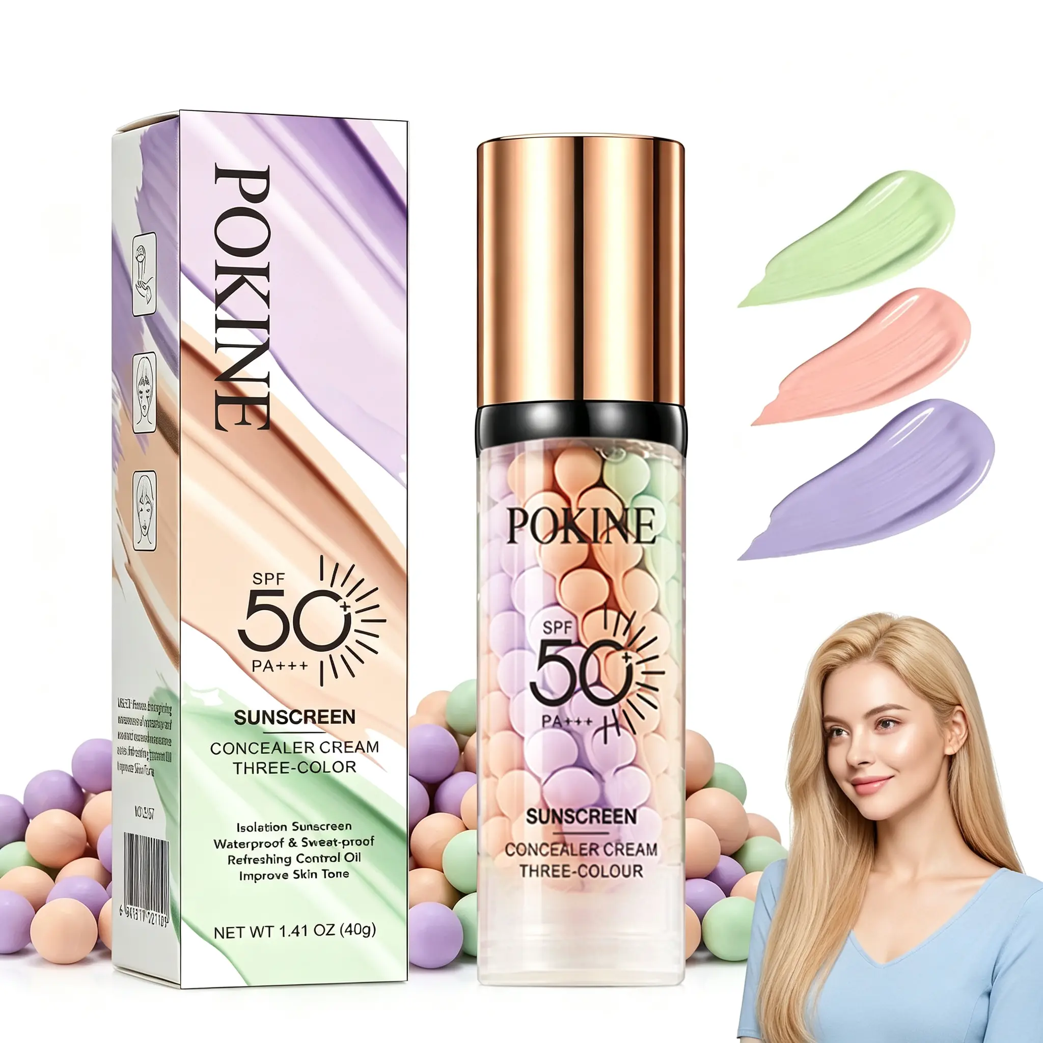 3PCS Facial SPF 50+ PA+++ 3-in-1 Sunscreen Isolation Cream - Color Corrector, Face Primer, Pre-Makeup Base for Oily Skin UV Protection