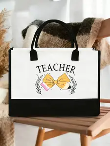 letter print White Canvas BagBeige 'TEACHER' Print Tote Bag with Black Trim - Stylish and Functional Canvas Handbag Featuring Bowtie Design, Pencil Accent, Black Handles, Ideal for Educators and Classroom EssentialsTravel bag, daily commuting bag.