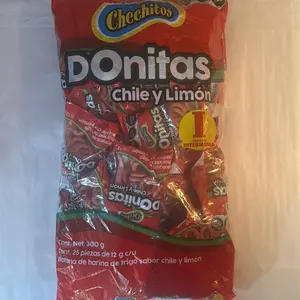 Chechitos Donitas Chile Limon or Sal y Limon . Bag with 25 bags. Net weight 300 grams . 12 grams each bag.