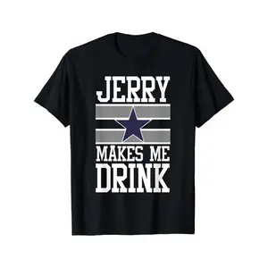 Men's Jerry Makes Me Drink Graphic T-Shirt - Funny Football Fan Tee with Jerry Jones Design & Dallas Star, Heavyweight 180gsm Cotton Crewneck Shirt for Game Day & Casual Wear, Lightweight Breathable Fabric, Short  double  Retro  Vintage Metalcore