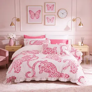3 Pieces Pink Leopard Print Ruffle Duvet Cover Set, 1 Duvet Cover (No Comforter) + 2 Pillowcases (No Insert), Soft Zippered Girly Bedding Set, Sweet Cool Luxury Summer Bedroom Decor, Perfect Gift