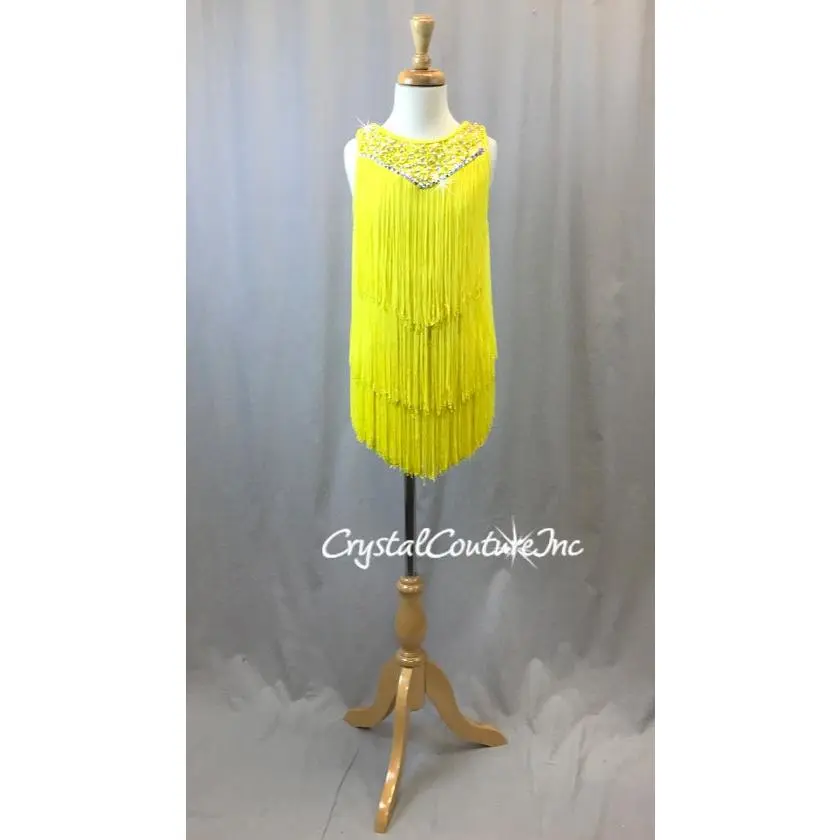 Yellow Tiered Fringe Dress with Yellow Leotard - Swarovski Rhinestones