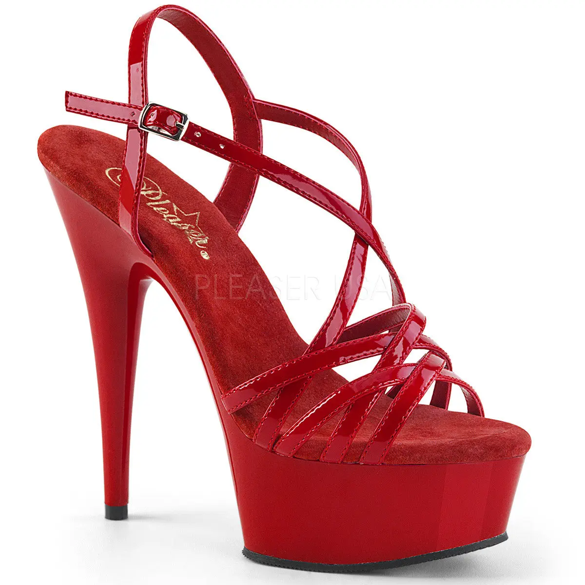 Women's Red Patent Stiletto Heels, Platform Sandals with a Criss-Cross Ankle Strap, 6" Heel & 1.75" Platform, Footwear, High Heels