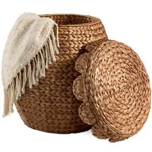 Best Choice Products Scalloped Water Hyacinth Storage Tote Basket with Lid