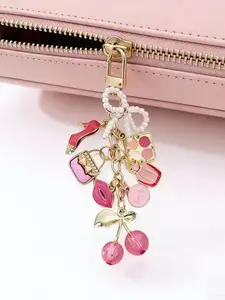 1Pack Rose Pink Vintage Elegant Lipstick Keychain, Pearl Bow Cherry Perfume Oil Alloy Charm, Creative High-End Fashion Accessory;  or Purple Fruit-Floral-Butterfly Cute Design; Nice Gift for Friends and Family