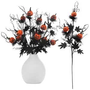 4PCS Halloween Decorations, 19.5Inch Artificial Pumpkin Maple Leaf Floral Stems Halloween Branches Decoration, for Home Indoor Party Vase Arrangement Decor - Black/Orange.