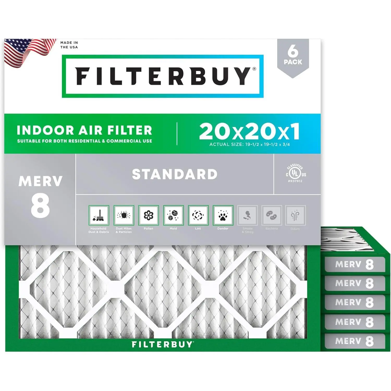 Filterbuy 20x20x1 Air Filter (6-Pack), Pleated MERV 8 Dust Defense HVAC AC Furnace Air Filters (Actual Size: 19.50 x 19.50 x 0.75 Inches)