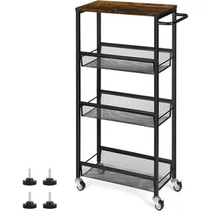 4 Tier Slim Storage Cart, Shelving Unit for Small Space, Rolling Storage Cart with Wooden Top and Metal Handle for Narrow Space  Kitchen, Bathroom, Laundry Room, Black.