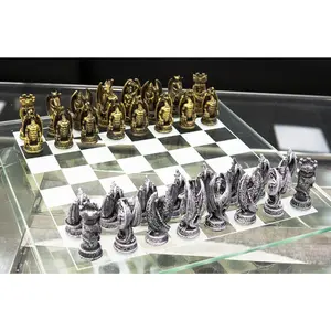 Ebros Silver Gold Fantasy Dungeons And Dragons Resin Chess Pieces With Glass Board Set