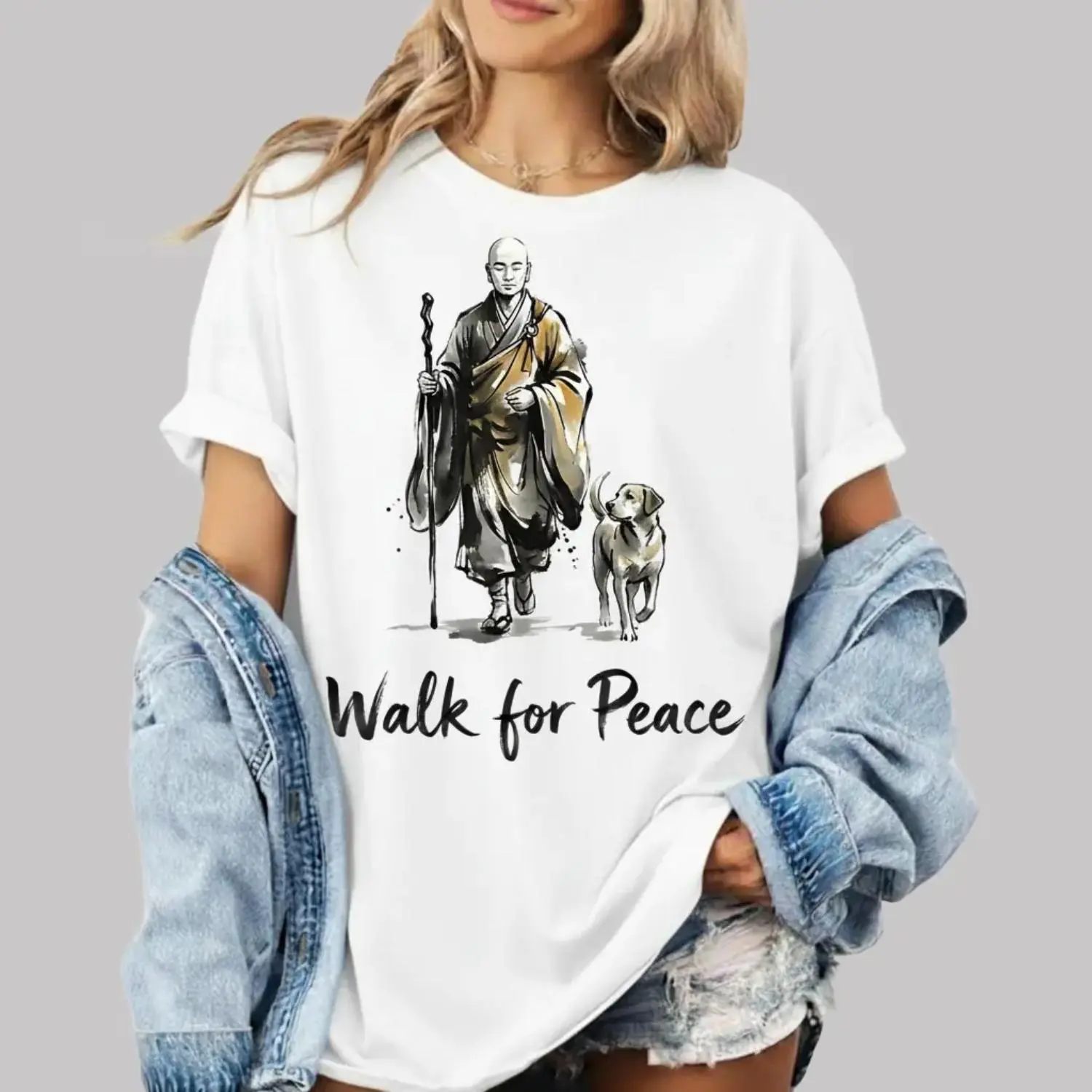 Serene Walk for Peace: Minimalist Zen Art T-Shirt Featuring Meditating Monks and Calm Dog, Vintage   Pigment Dyed Oversized Heavyweight Cotton Unisex Tee for Mindfulness, Meditation, and Calm Lifestyle