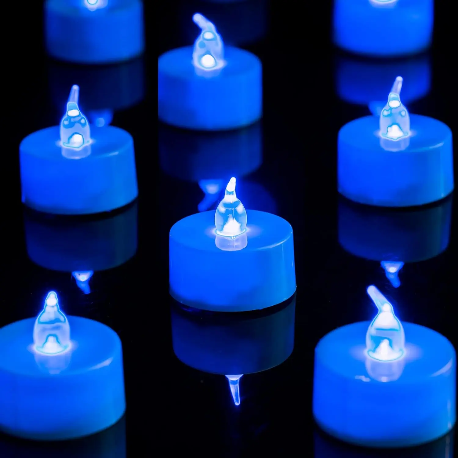 24-Pack Blue Flameless LED Candle Lights, Synthetic Flickering Tealights, 100 Hours Long-Lasting Button Cell Operated, Festive Decor for Halloween, Christmas (Blue - 24pcs)