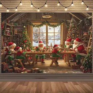 Durable Polyester Christmas Workshop Scene Backdrop & Banners, Themed with Santa, Elves, Decorated Tree, Gift Boxes, Festive Party Decoration for Indoor, Birthday Events