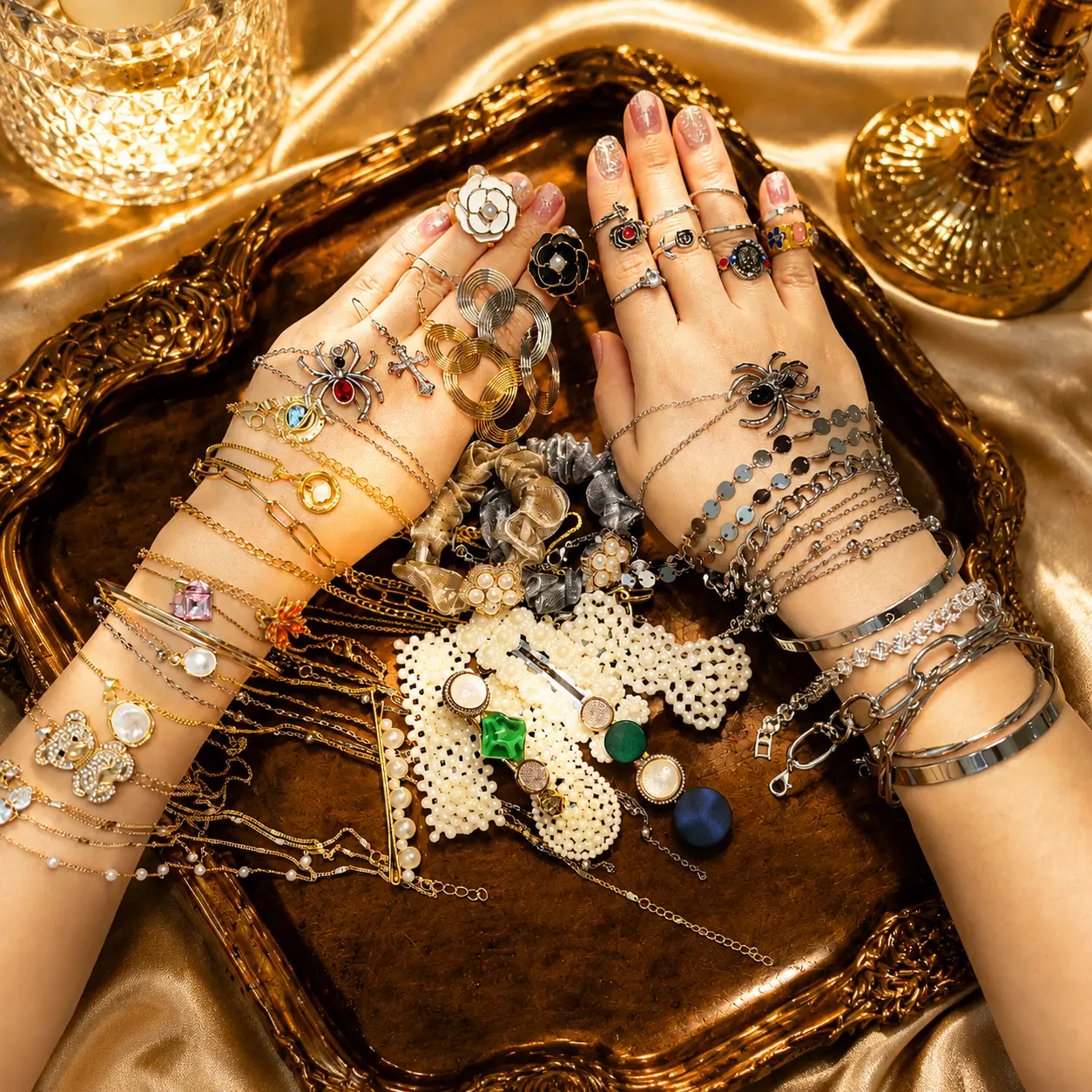 Vintage Crystal Mosaic Jewelry Set for Women, 4-Piece Retro Hip-Hop Style Accessories for Parties, Halloween & as a Birthday Gift, Women's Fashion, Accessories Kit Jewelry Sets, Halloween‑Ready