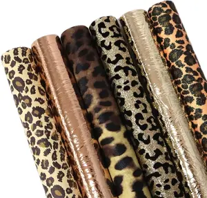 Leopard Printed Faux Leather Sheet Metallic Burst Crack Synthetic Leather Fabric Assorted 6 count 7.7" x 12.9" (20 cm x 33 cm) for Hair Accessories DIY Crafts Making (Leopard  B)