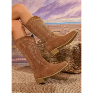 Women's Embroidered Boots, Pointed Toe Chunky Heel, Western Style Punk Chelsea Boots, Outdoor Casual Fashion Shoes