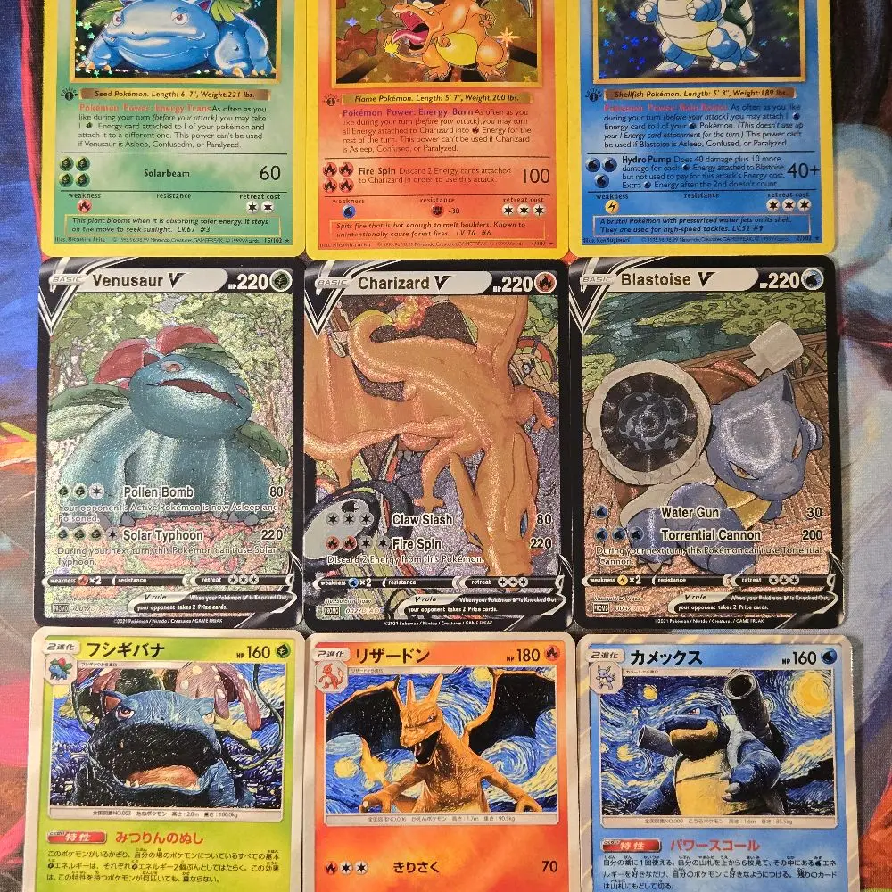 9 card lot of custom made cards All variations of Charizard, Blastoise and Venusaur.