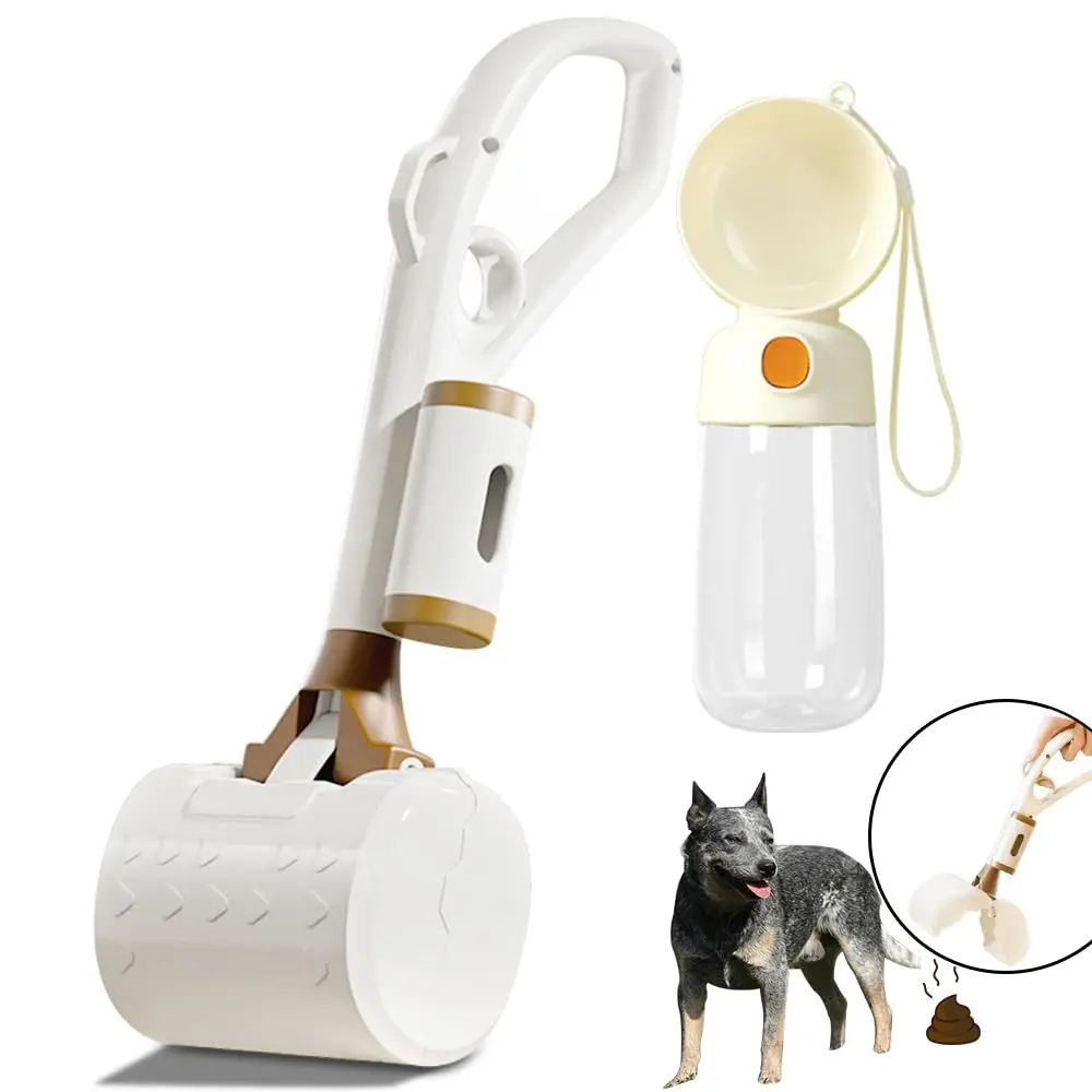 13" Portable Dog Poop Scooper Handheld Size for Dog Walker Waste Picker for Small Medium Large Dogs Pup Poop Scoop Lightweight Design with Portable Dog Water Bottle & 20pcs Pet Waste Bag Attachment