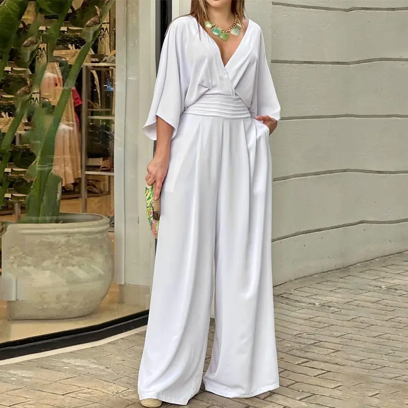 Autumn jumpsuit women's clothing, fashionable and casual simple style temperament V-neck loose waist jumpsuit