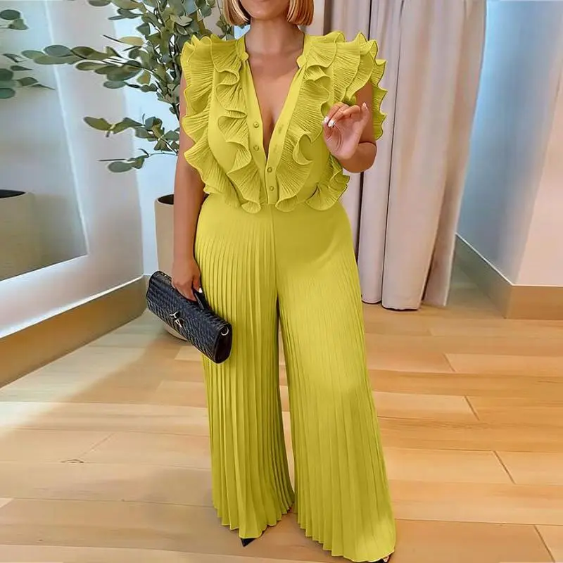 CHICME Women's Fashion Elegant Jumpsuit - Sleeveless Ruffled V-Neck, Pleated Wide-Leg Pants, Pockets, Zipper, Button for Party, Work, Fit, Style, Overalls, Elegance, Casual, Breathable, Pleated Pants, Lightweight, Ruffle Accents, Full Length, Ruffles Acce