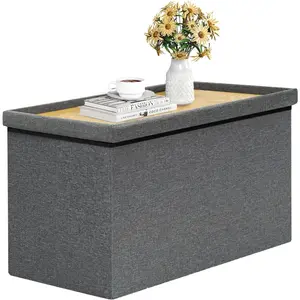 Storage Ottoman with Tray, Linen Coffee Table Folding Long Shoes Bench Footstool, Dark Grey 30"x15.74"x15"
