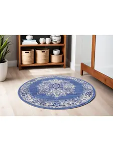 HomeRoots 552415 5 ft. Floral Medallion Round Rug, Ivory, Navy Blue & Beige