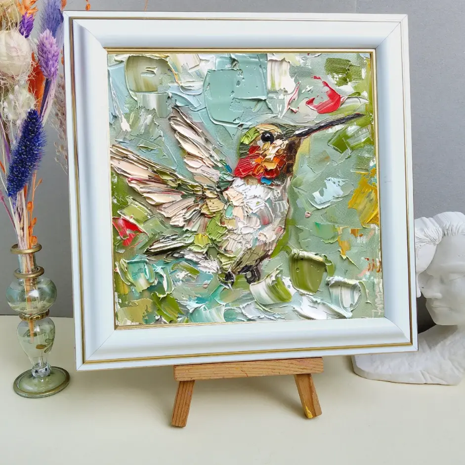 Hummingbird Canvas Wall Art Palette Knife Impasto Oil Painting Textured Bird Scene Miniature Fine Art Print Whimsical Colorful Animal Artwork Botanical Garden Room Decor Aesthetic Wall Decor Gift