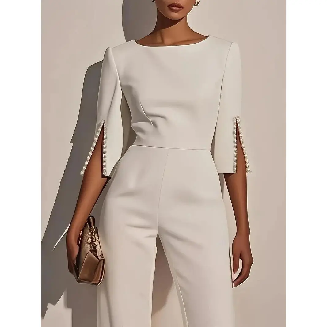 Elegant Beaded Jumpsuit – Casual Solid Color 3/4 Sleeve High Waist