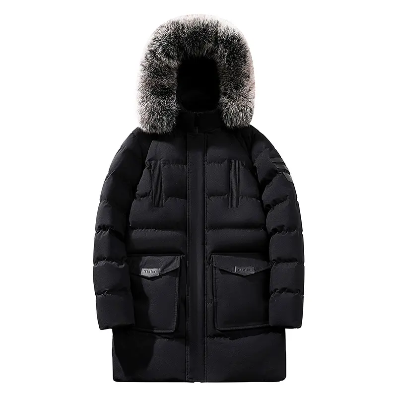 Long Black Winter Warm Coat with Faux Fur Hood, Made from Polyester Fabric, Suitable for Cold Weather Jackets Tops western outfit jackets heated jacket zip jackets Casual Long Sleeve