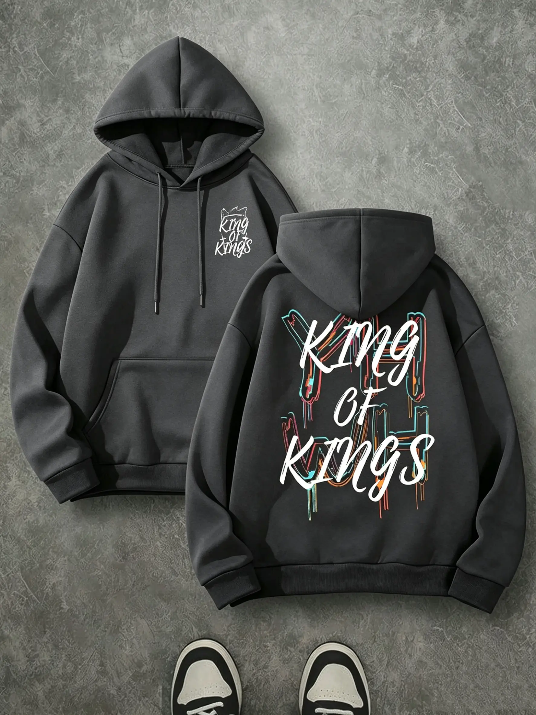 Thick 270 Gram Brushed Fleece Christian Hoodie, King Of Kings Small Front Logo & Color Drip Back Print Drawstring Sweatshirt, Oversized Inspirational Faith Pullover For Fall Winter Daily Outfit