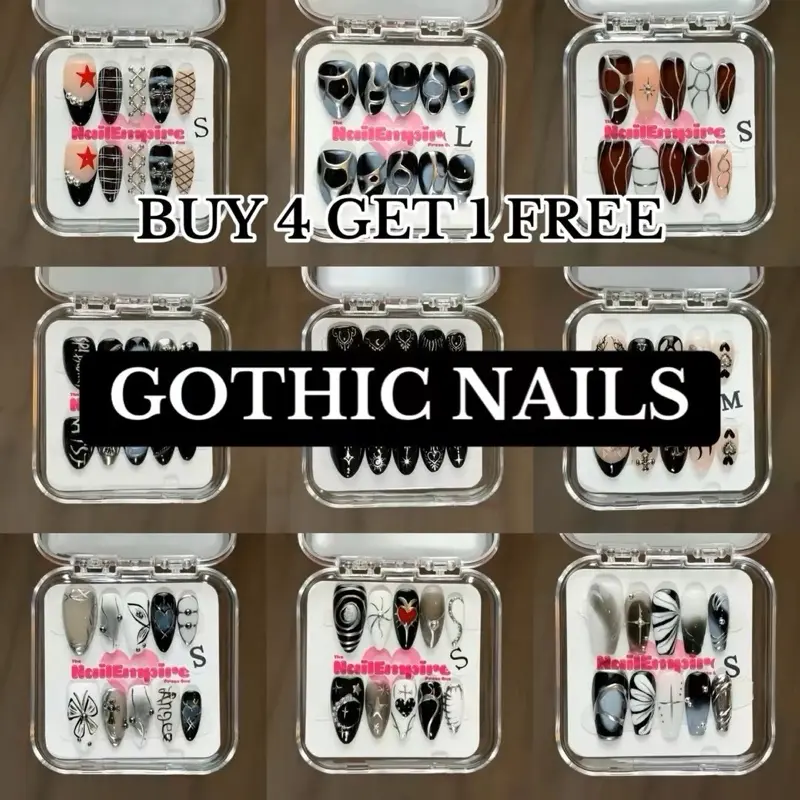 GOTHIC NAILS | The Nail Empire | 10pcs Acrylic Press On Nails | Gothic | Black | Dark | Glossy | High quality|