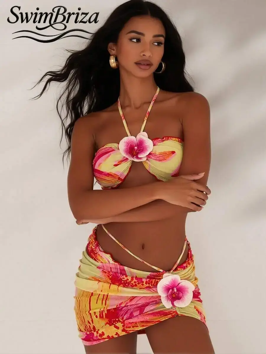 Briza｜Halter Bandeau Bikini With Orchid Applique In Yellow Pink Tropical Print For Bikini Sets And Two-Piece Swimsuit Lovers, Swimsuits 2 Piece Vacation Swimwear For Women With Swimsuit Cover Up For Women, Beach Resort Bathing Suit Fancy