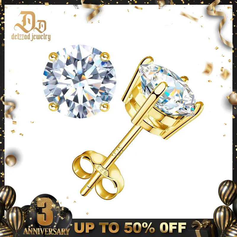 Delzzad S925 Four Prong Stud Earrings Round Synthetic Moissanite Prong Stud Earrings Jewelry Anniversary Day Birthday Valentine's Day Christmas Gifts for Men Women