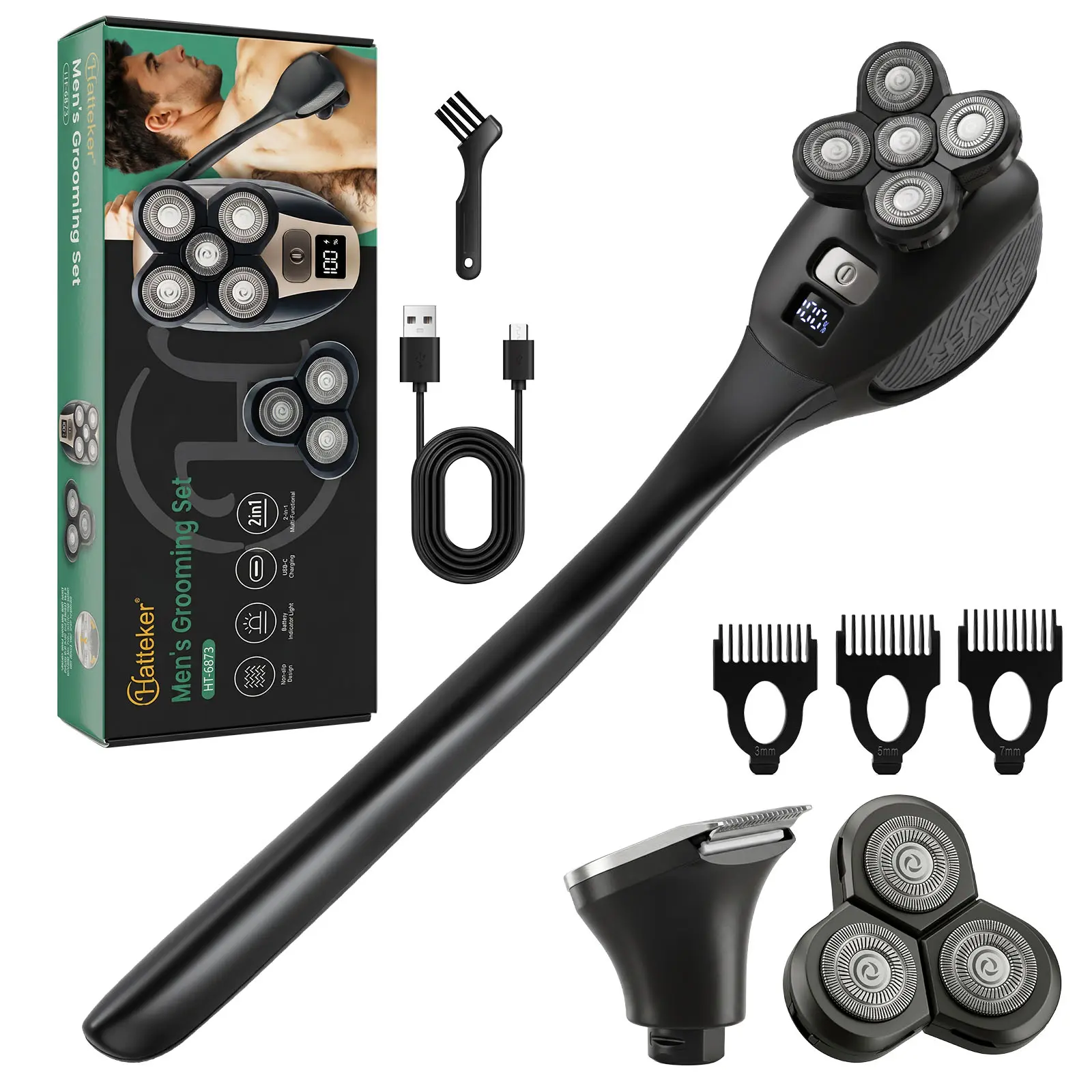 HATTEKER Men's 2-in-1 Bald Head Shaver & Back Trimmer Kit, Rechargeable Li-ion Wet/Dry Safe Electric Razor with 5D Floating Head, 14.5-in Extension Handle, USB-C Charging, Facial Grooming Tool, Ideal Gift