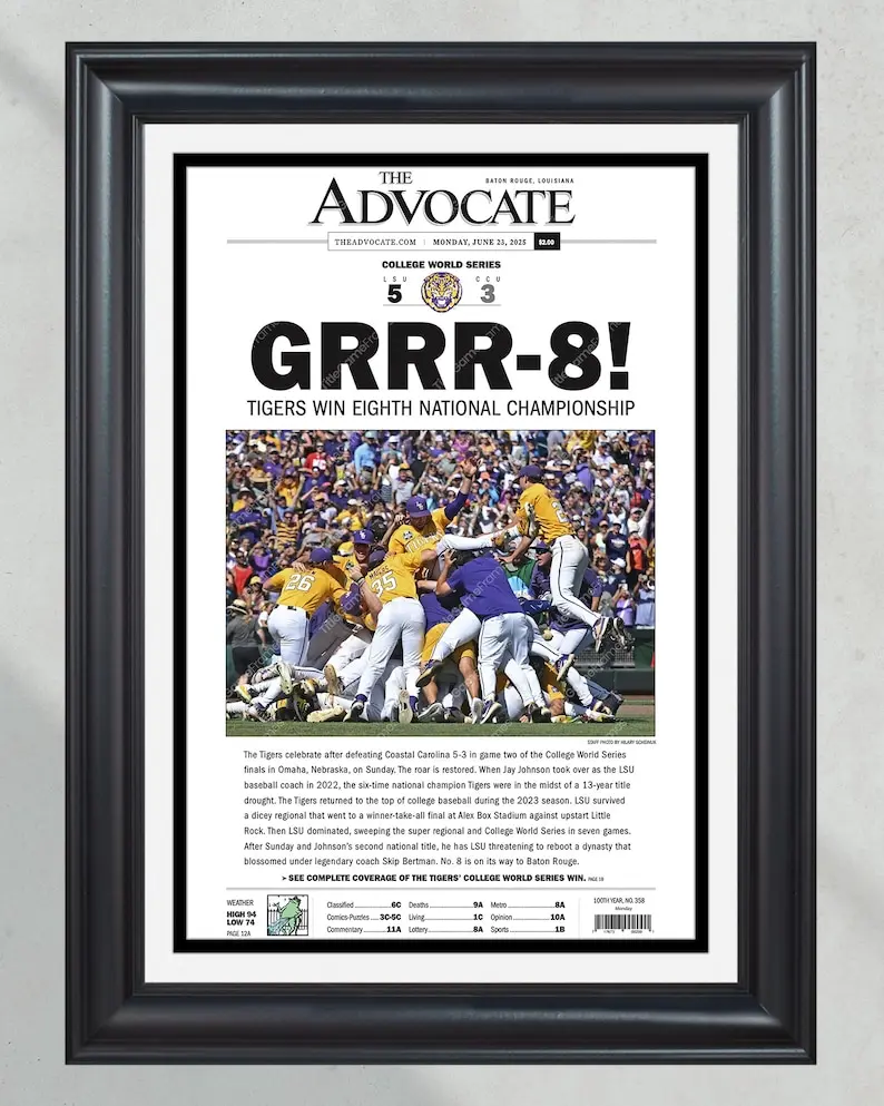 2025 LSU Tigers "GRRR-8!" College World Series Champions Poster Print Unframed Newspaper