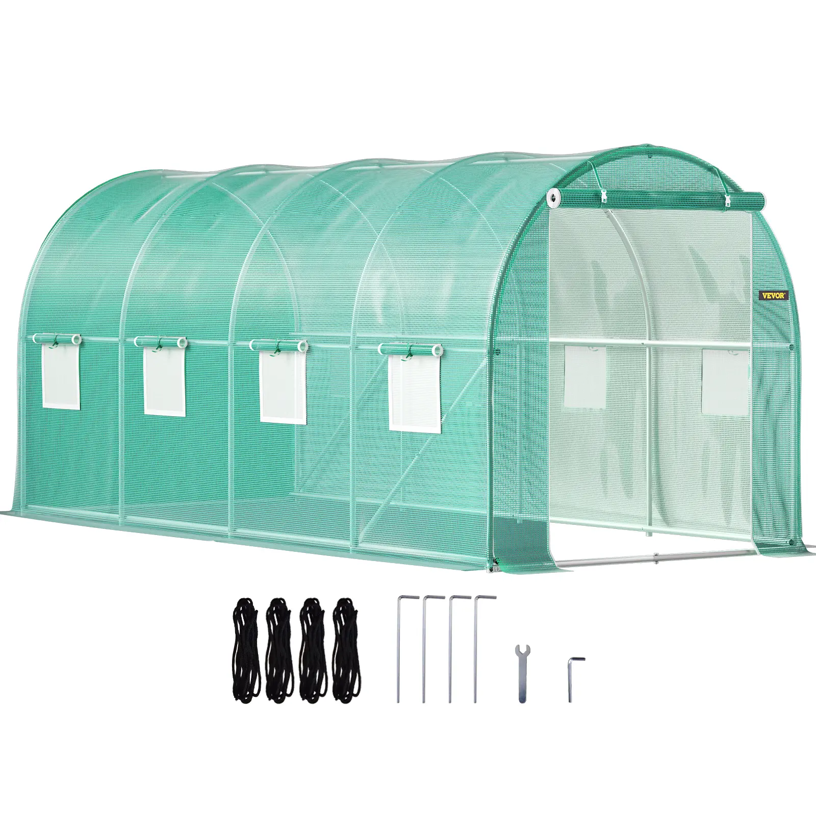 VEVOR Portable Walk-in Tunnel Greenhouse (15x7x7 ft, Actual 14.8x6.6x6.6 ft) with Galvanized Steel Hoops, 1 Top Beam, Diagonal Poles, Zippered Door, 8 Roll-up Windows, Green Garden Accessory for Flowers, Father's Day Gift Option