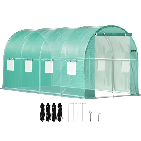 VEVOR Portable Walk-in Tunnel Greenhouse Kit, 14.8x6.6x6.6 ft (14.8' Length) - Galvanized Steel Hoops, 3 Top Beams, Diagonal Poles, Zippered Door, 8 Roll-up Mesh Windows, Outdoor Garden Propagation Station for Flower, Father's Day Gift Option