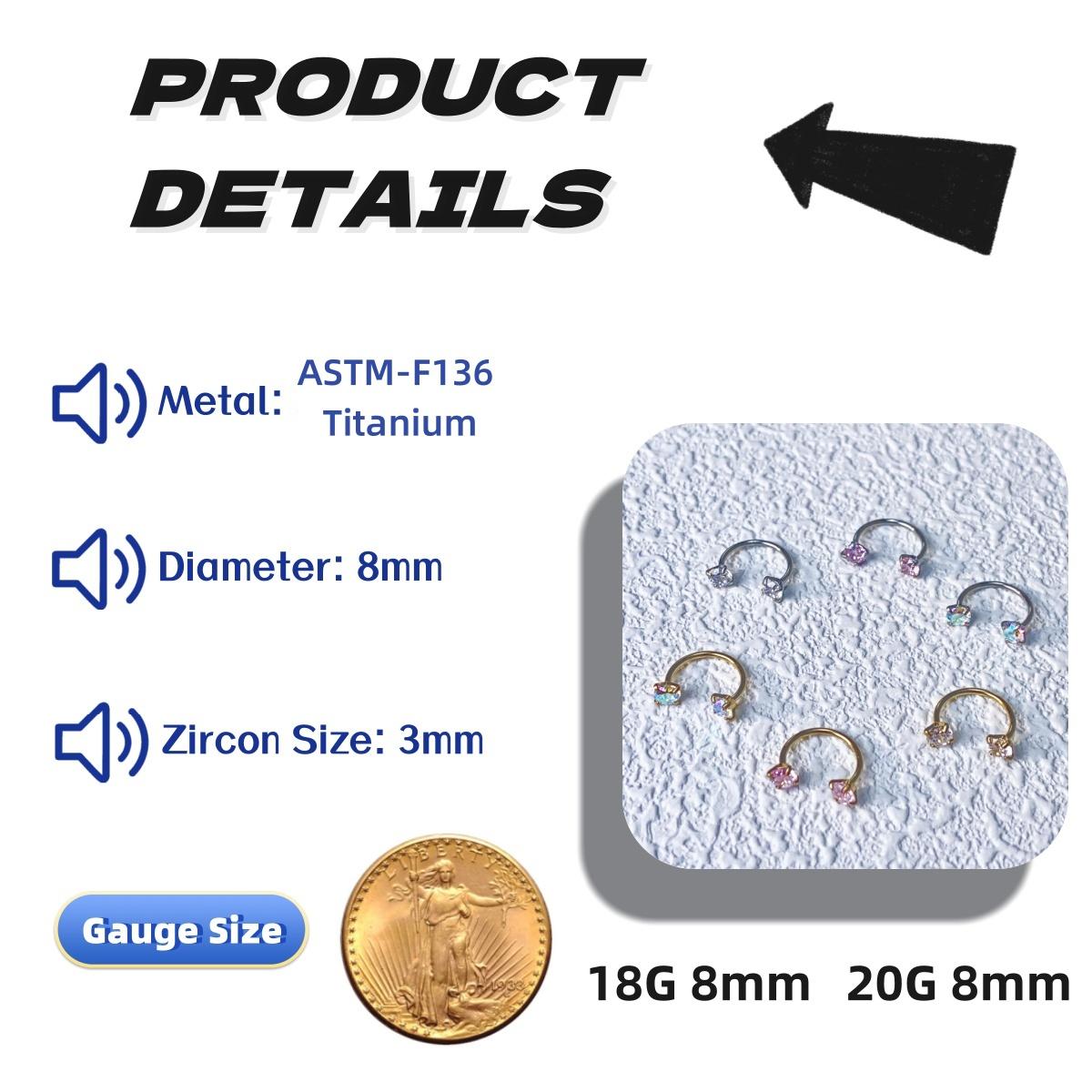 Titanium 20G(0.8mm)/18G(1.0mm) 8mm Horseshoe Nose Hoop Internally Threaded Gems Nose Ring with Free Ball Holder